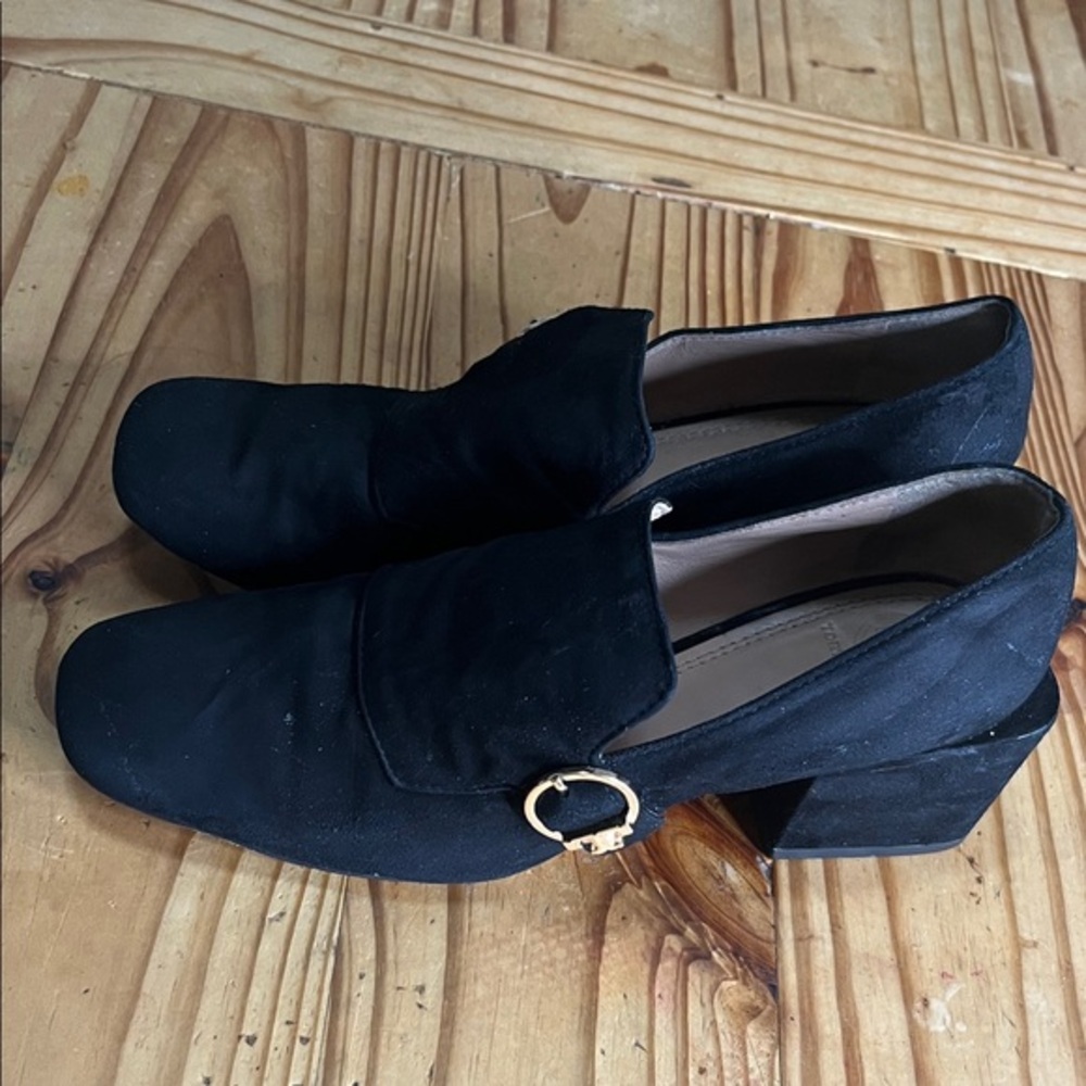 Tory Burch Black Suede Loafers with Gold Buckle and Low Block Heel